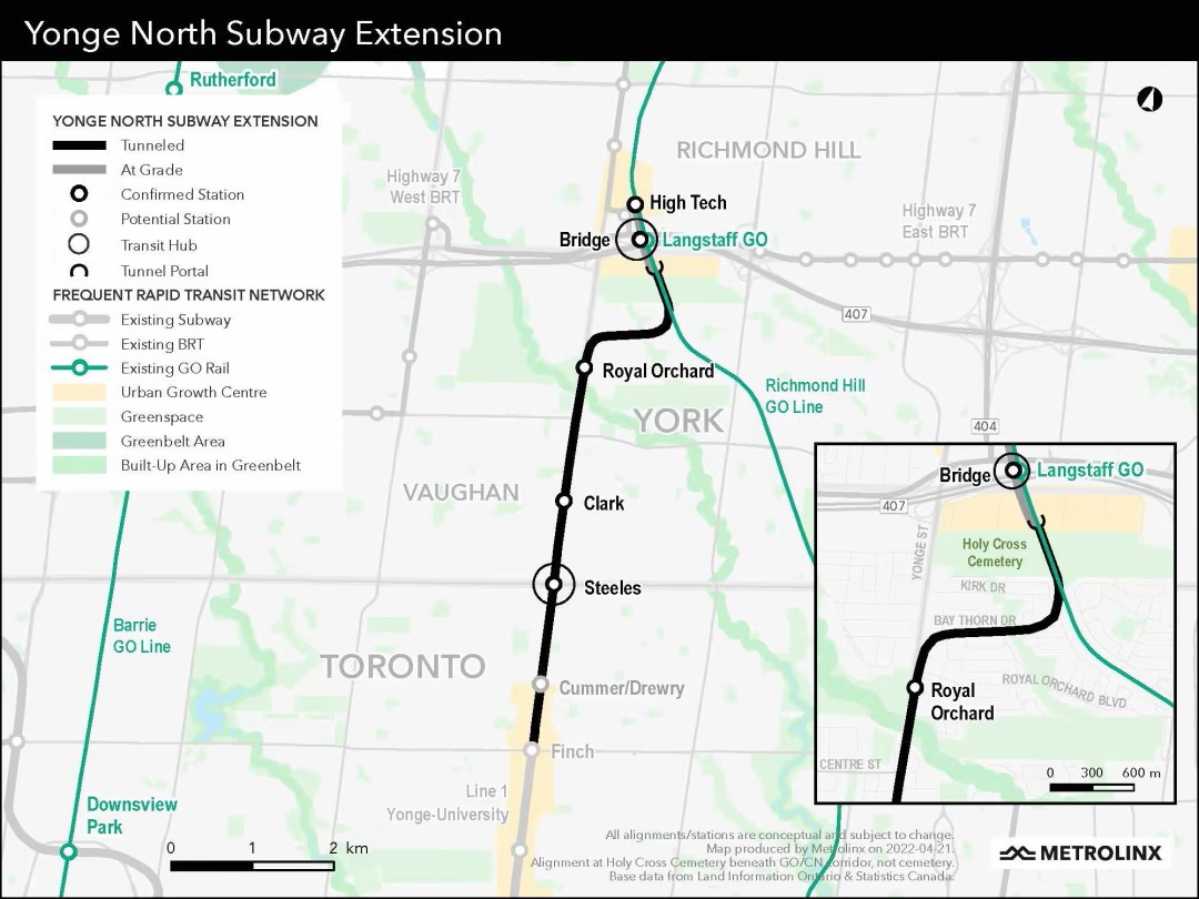 Map showing subway stations along Yonge North Subway Extension